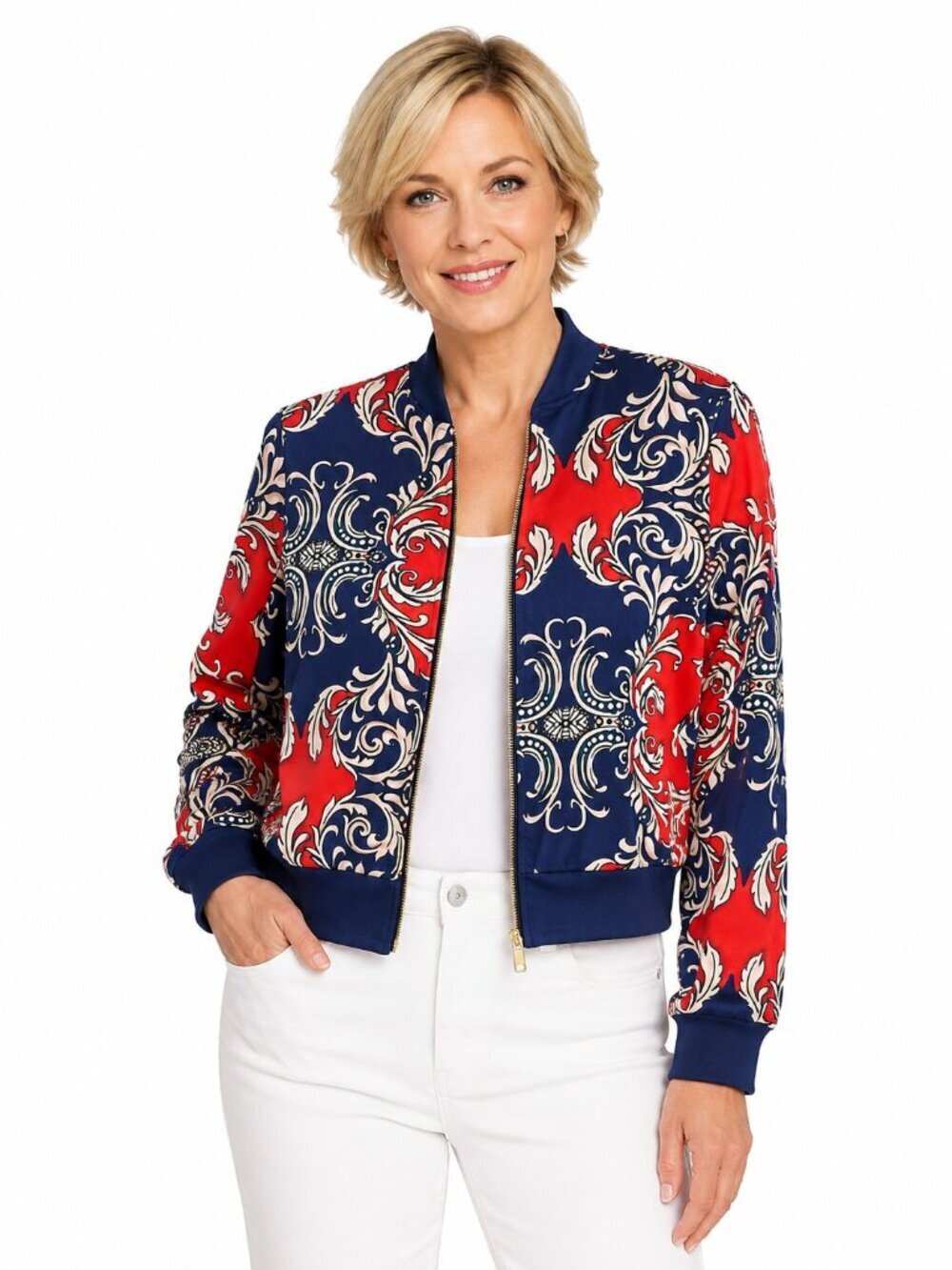 Moda Navy Red Baroque Print Zip Bomber Jacket